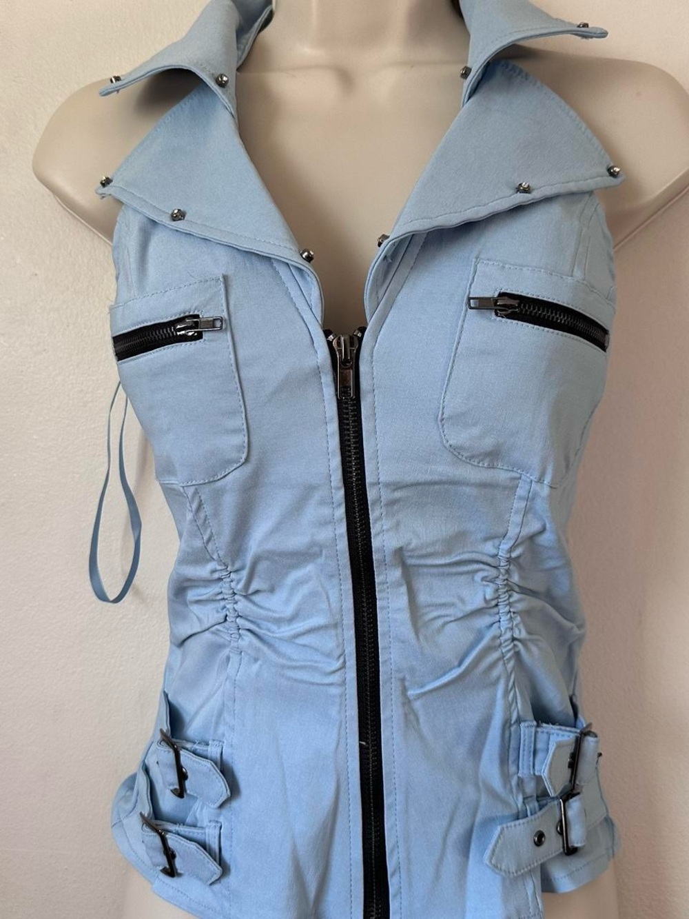 Light Blue Zip Front Stud Collar Vest